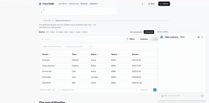 AdaptTable AI — ask the table to filter, group, and aggregate